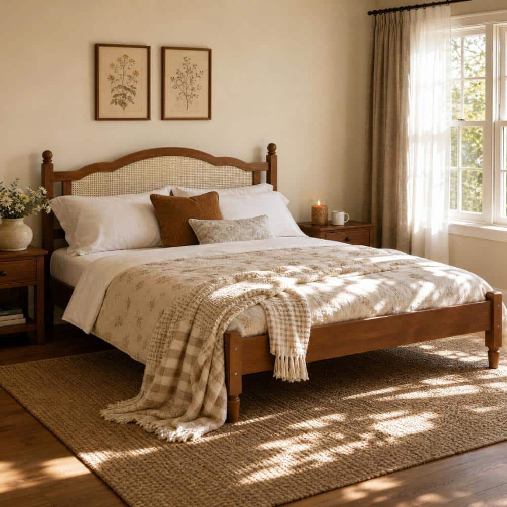 Wood Walnut Brown King Size Platform Bed with Natural Rattan Headboard and Wooden Slat Support