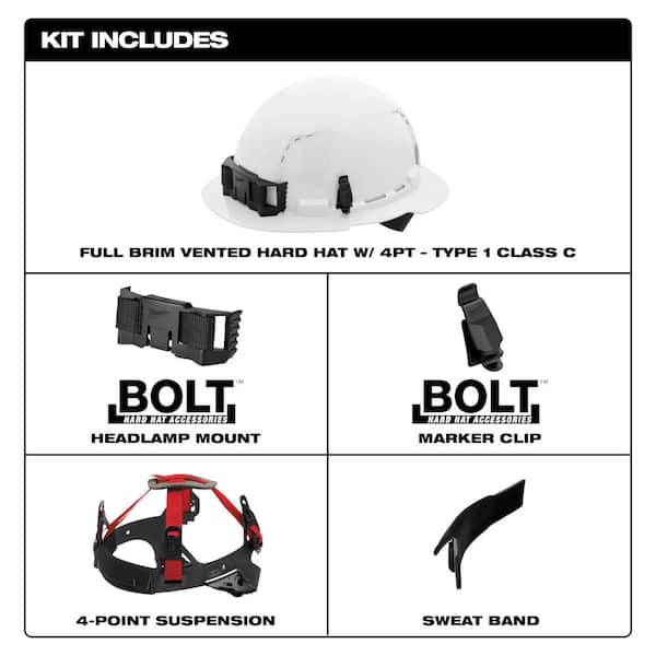 Milwaukee BOLT White Type 1 Class C Front Brim Vented Hard Hat with 4 Point Ratcheting Suspension with Tinted Dual Coat Eye Lense
