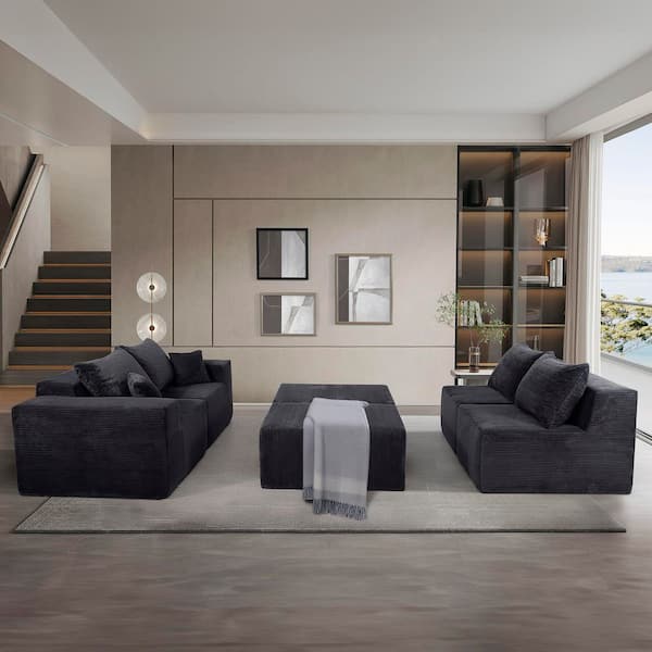 Nobleman 128.35 in. Square Arm Corduroy Upholstered U Shaped Sectional Sofa in. Black with 2 Ottomans, Pillows