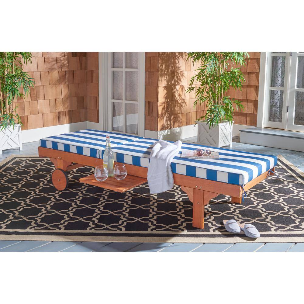 Natural Eucalyptus Wood Chaise Lounge with Blue and White Cushions