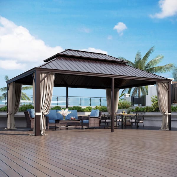 PHI VILLA 14 ft. x 20 ft. Gakvanized Steel Hardtop Gazebo With Mosquito Net and Privacy Curtain