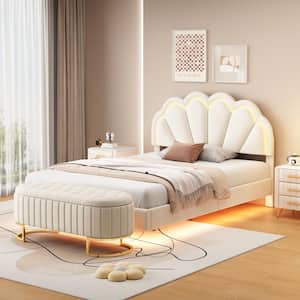 2-Piece Beige Full Wood Bedroom Set Velvet Upholstered LED Platform Bed Frame with Storage Ottoman