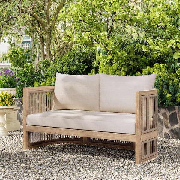 Remy Village Patio Solid Wood and Rope Woven 2-Seats Sofa Outdoor Loveseat Couch with Beige Cushions, Light Teak Finish
