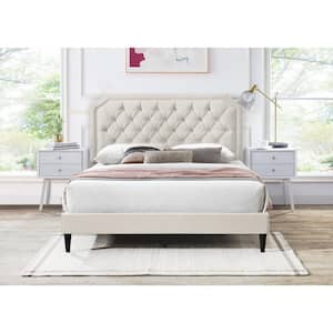 Ava Beige Velvet Upholstered Frame, Queen Platform Bed with Clipped-Edges, Button Tufts and Nailhead Trim