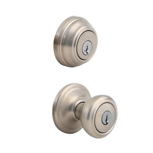 Kwikset Cameron Satin Nickel Exterior Entry Door Knob and Single Cylinder Deadbolt Combo Pack Featuring SmartKey Security