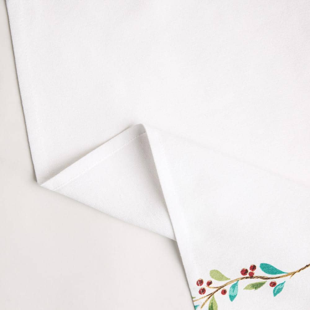 Holly Sprig Holiday Border Cotton Napkins Set, White/Red/Green