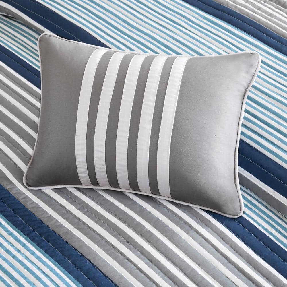 Gray and Blue Striped Reversible Microfiber Quilt Set