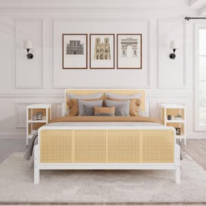 White Wooden Frame Full Size Platform Bed with Rattan and 2-Nightstands