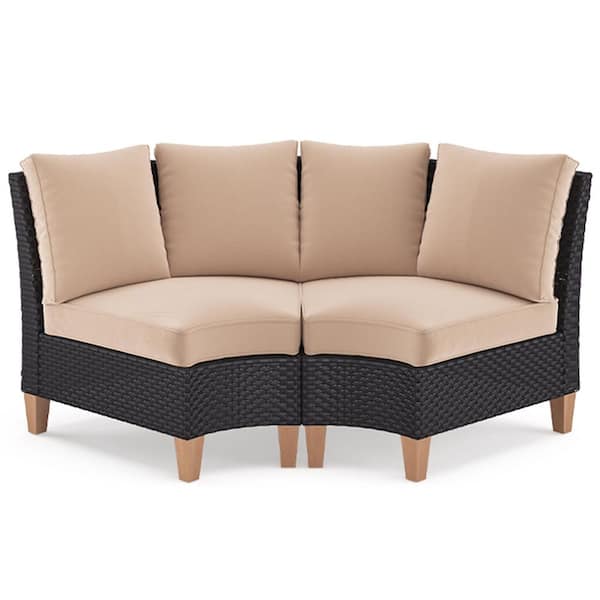 2 Piece Wicker Outdoor Patio Furniture 1/2 Half-Moon Sectional Sofa Set with Beige Cushions