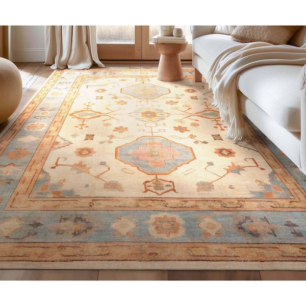 Ushak Fethiye Vintage, Medallion, Pastel, Beige 9 ft. 10 in. x 13 ft. Area Rug