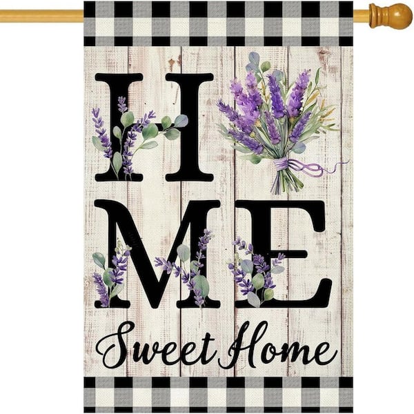 Spring Summer House Flag 28 x 40 in. Double Sided Burlap Home Sweet Home Purple Lavender Floral Flag (Large)
