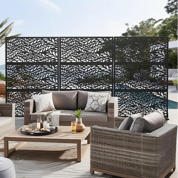 1-Piece 46.8 in. W x 71.37 in. H Black Metal Outdoor Privacy Screen Garden Screen Decorative Art Panel