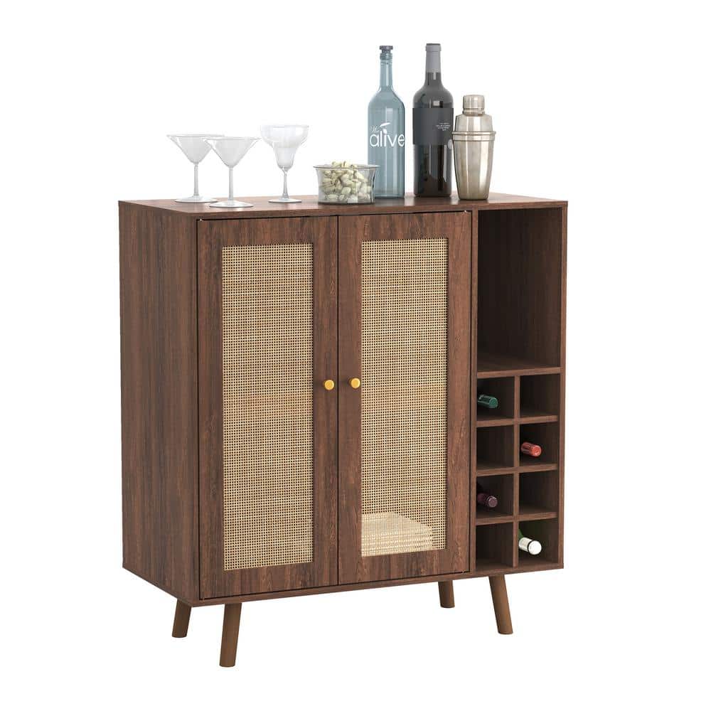 Walnut Mid-Century Modern Bar Cabinet with Rattan Panels