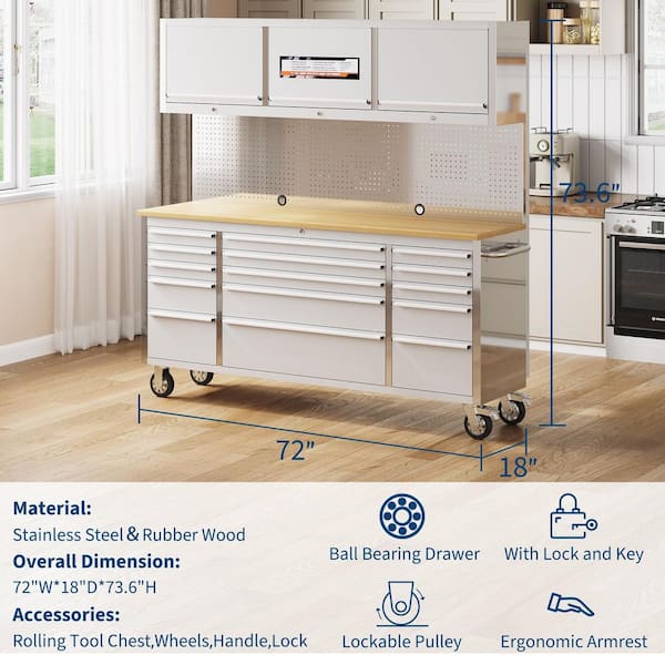 72 in. Stainless Steel Mobile Workbench Cabinet with Wheels, 15