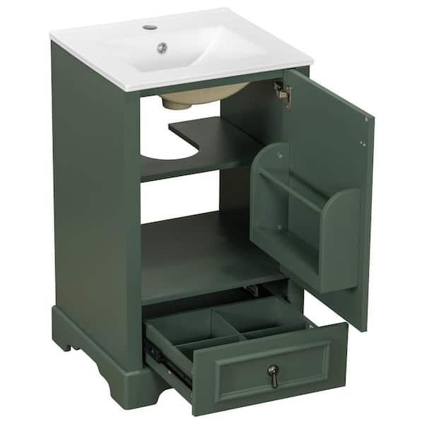 20 in. Single Sink Green Bath Vanity with White Ceramic Top, Adjustable Shelf, Compartment Drawer, Unassembled
