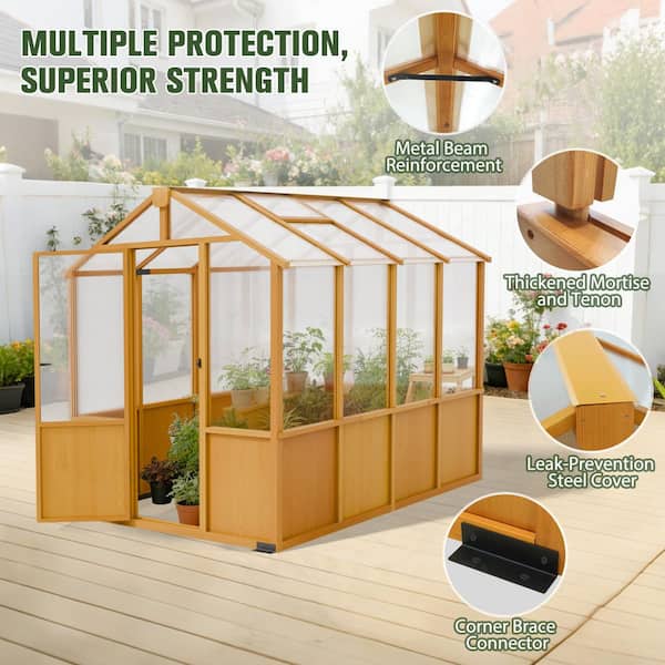 COOS BAY 6 x 8 ft Wooden Greenhouse with 2-Layer PC Panel