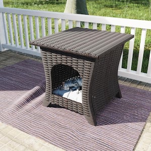 Brown Wicker Outdoor End Table Pet Side Table with Storage