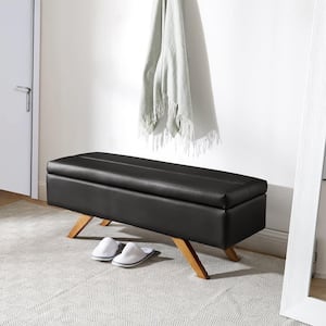 Modern Soft PU Leather Bench Ottoman Shoestool with 6.1" Deep Storage-Space, Easily Stores Books, Blankets, Black