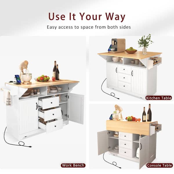 Xspracer Oasis White Wood 55.7 in. Kitchen Island with 2 Xspracer Oasis White Wood 55.7 in. Kitchen Island with 2