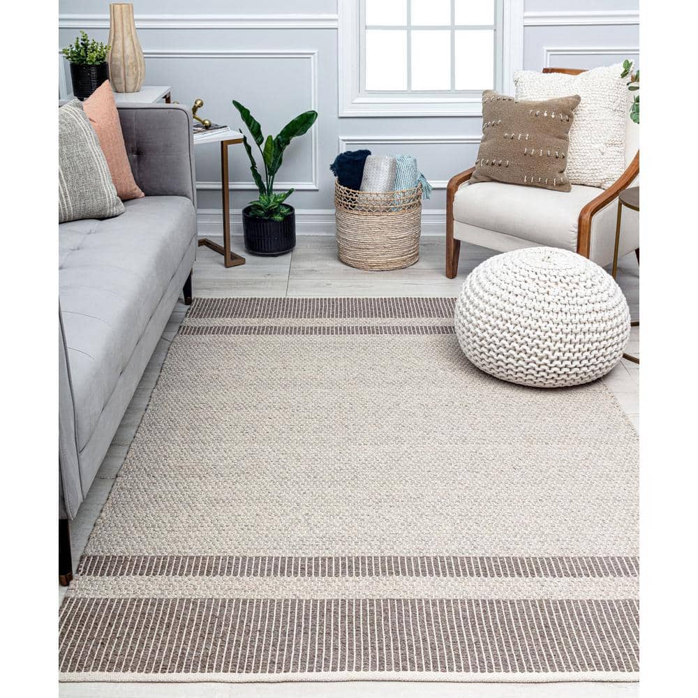 Gray and Taupe Handwoven Wool Cotton Stripe Area Rug 5' x 7'