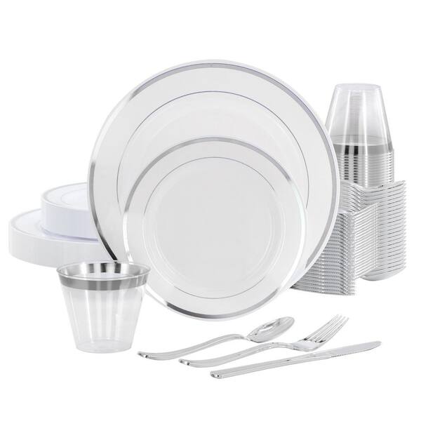 150 Piece Disposable Plastic Dinnerware Party Set for 25 Guests in White with Silver Trim