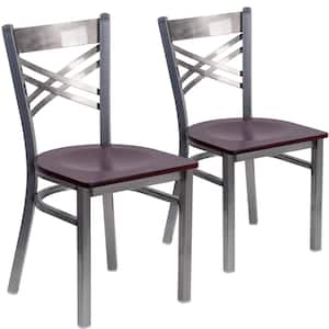 Silver Slat Back Metal Restaurant Chair With Walnut Wood Seat 