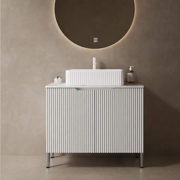 30 in. Freestanding White Bath Vanity with White Sintered Stone Top, Ceramic Vessel Basin, Sink Hole Cover and Drain