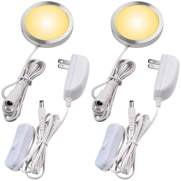 Super Bright Plug-in 1-Light Warm White Integrated LED Under Cabinet Puck Light 2-Pack
