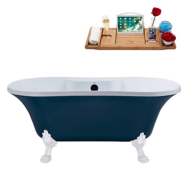 Streamline 60 in. Acrylic Clawfoot Non-Whirlpool Bathtub in Matte Light Blue With Glossy White Clawfeet And Matte Black Drain