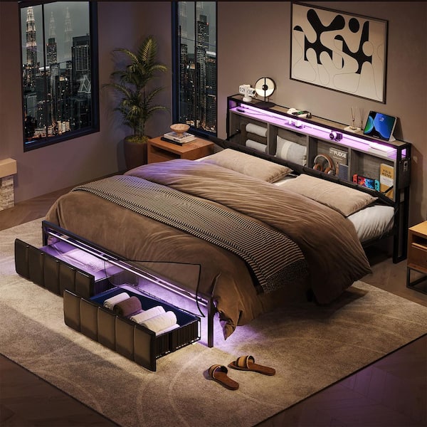 Bestier Gray Metal Frame Full Size Platform Bed with Storage Drawers and LED Headboard with Charging Station