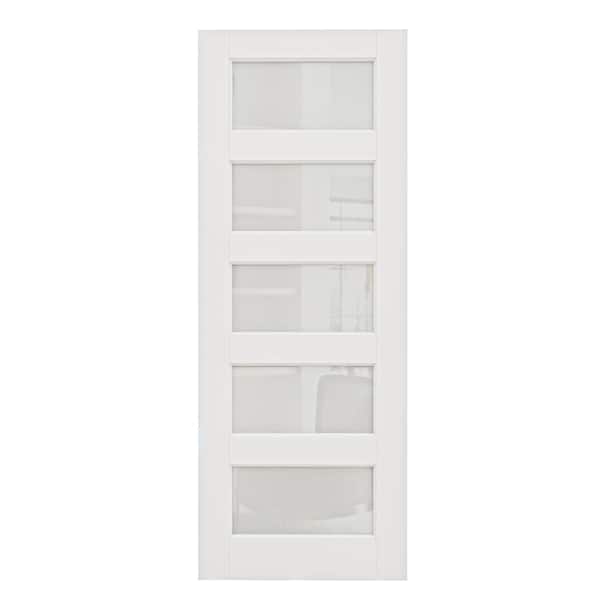 30 in. x 80 in. 5-Lite Tempered Frosted Glass White Solid Core Primed Wood Interior Door Slab