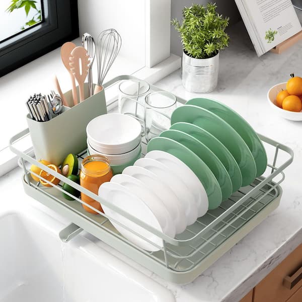 12 in. W x 15.5 in. L Light Gray Stainless Steel Standing Drying Dish Rack with Cutlery Holder for Kitchen Counter