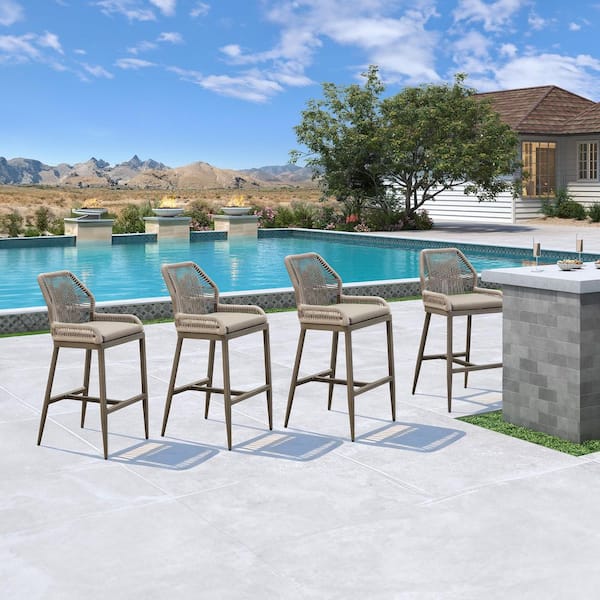 Modern Aluminum Twill Wicker Woven Bar Height Outdoor Bar Stool with Back and Sunbrella Taupe Cushion (4-Pack)