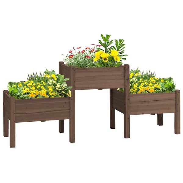 Unbranded - Coffee Raised Garden Bed with 3 Planter Box, Elevated Wooden Plant Stand with Drainage Holes for Vegetables, Flowers