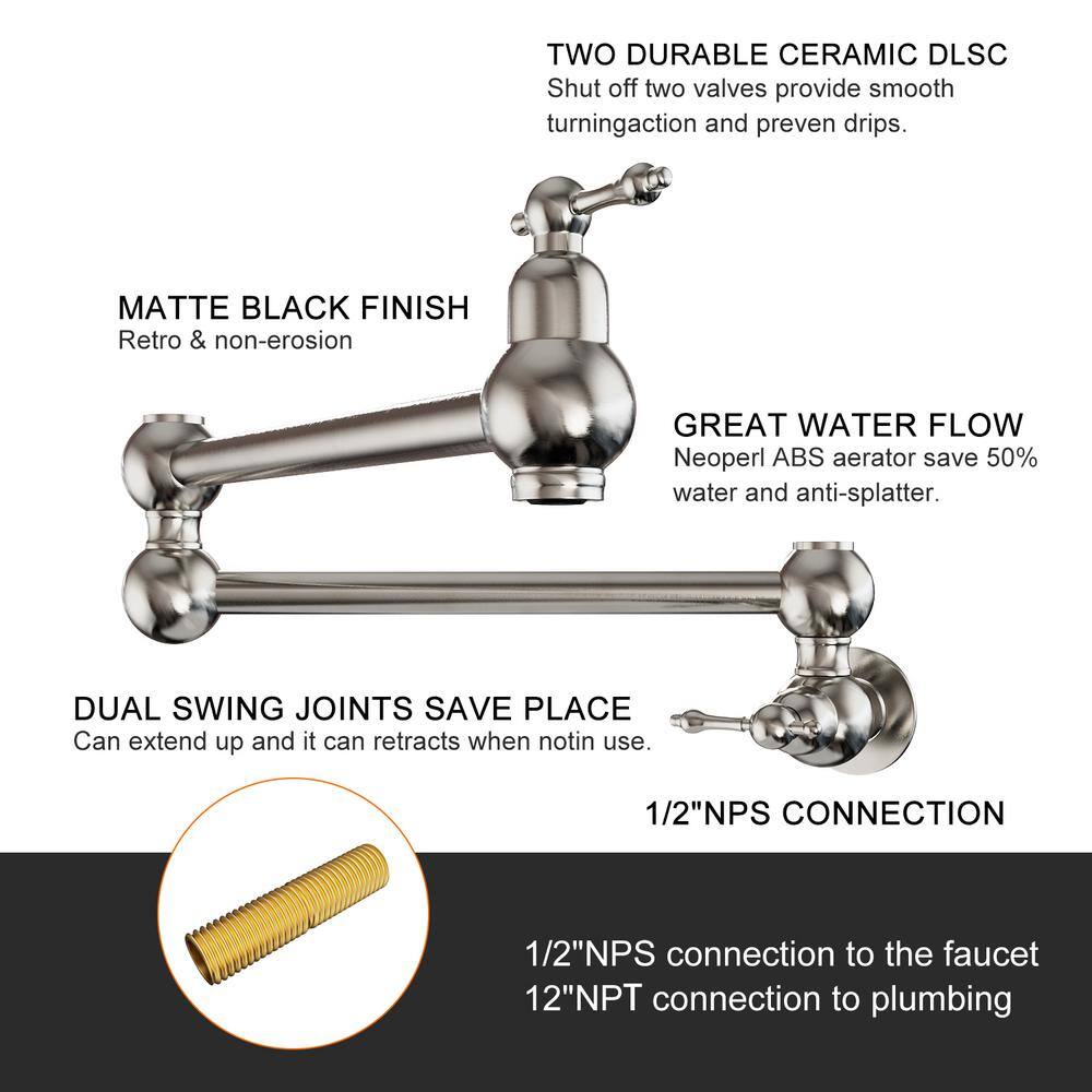 Chrome Wall-Mount Pot Filler Faucet with Dual Swing Arms