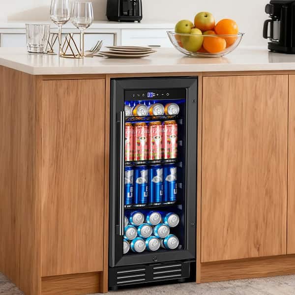 15 in. 145-Cans Single Zone Built-in Beverage Refrigerator Reversible Door Hinge with 3-Removable Shelves in Black