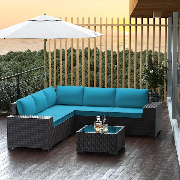 Halmuz 6-Piece Wicker Outdoor Sectional Set with Blue Cushions