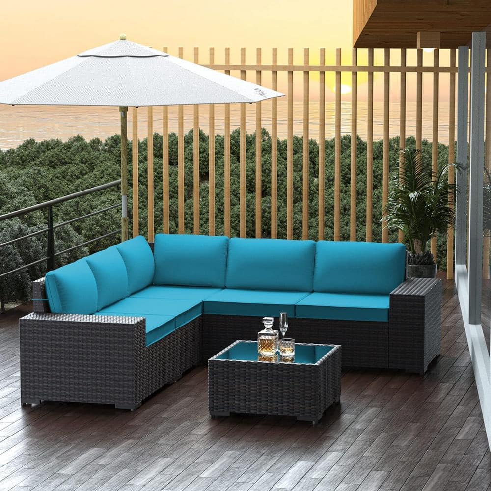 Halmuz 6-Piece Wicker Outdoor Sectional Set with Blue