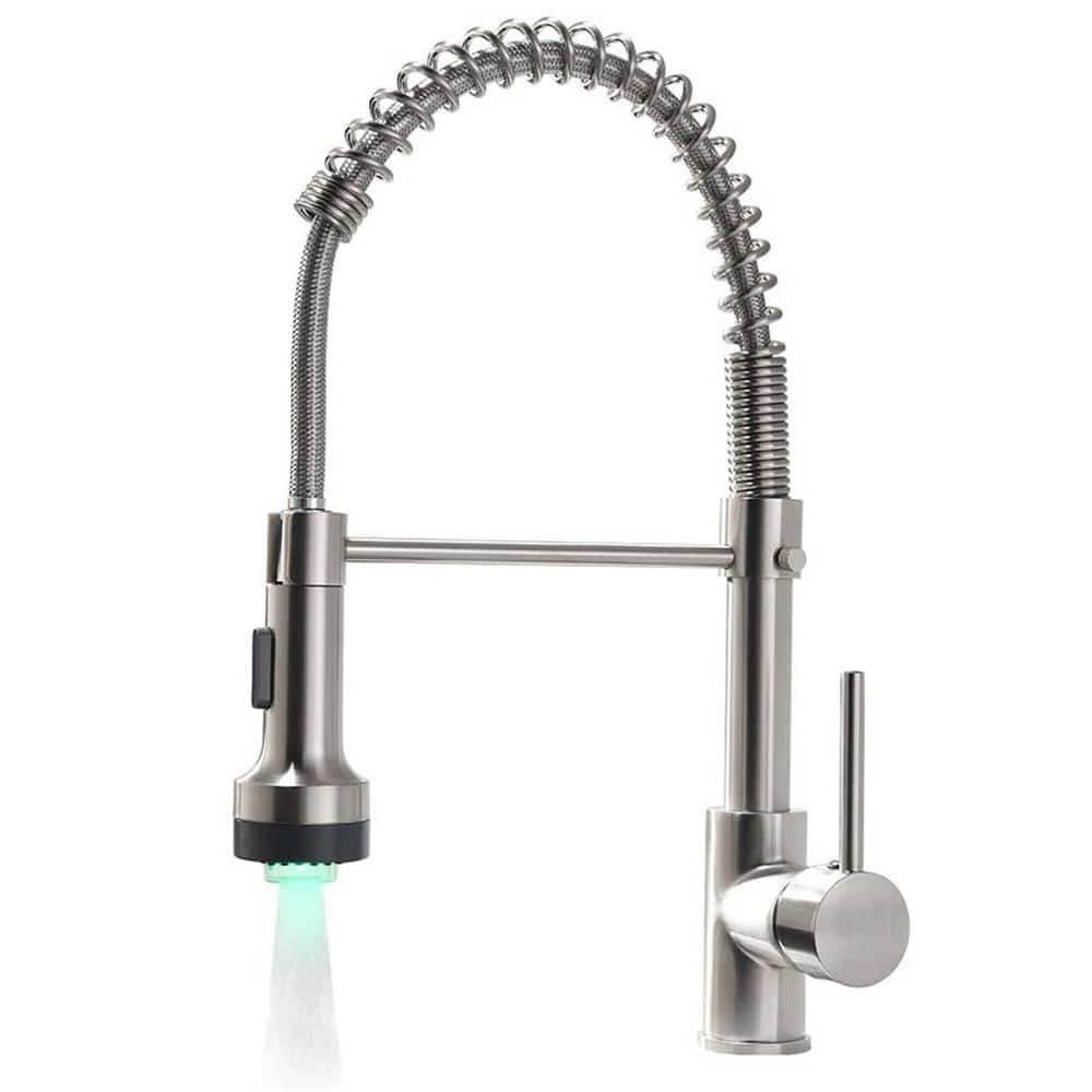 LED Single Handle Pull Down Sprayer Kitchen Faucet with Advanced Spray 1 Hole Brass Kitchen Sink Taps in Brushed Nickel -  AIMADI, KI-0053-BN