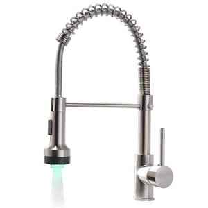 LED Single Handle Pull Down Sprayer Kitchen Faucet with Advanced Spray 1 Hole Brass Kitchen Sink Taps in Brushed Nickel