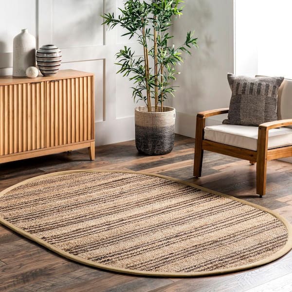 Sycamore Striped Jute Natural 5 ft. x 8 ft. Indoor/Outdoor Patio Oval Area Rug