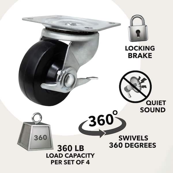 2 in. Black Soft Rubber and Steel Swivel Plate Casters with Locking Brake and 90 lbs. Load Rating 4 Pack