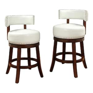 Swarthmore 25 in. Dark Oak and White Faux Leather Low Back Wood Swivel Bar Stool with Nailhead Trim (Set of 2)