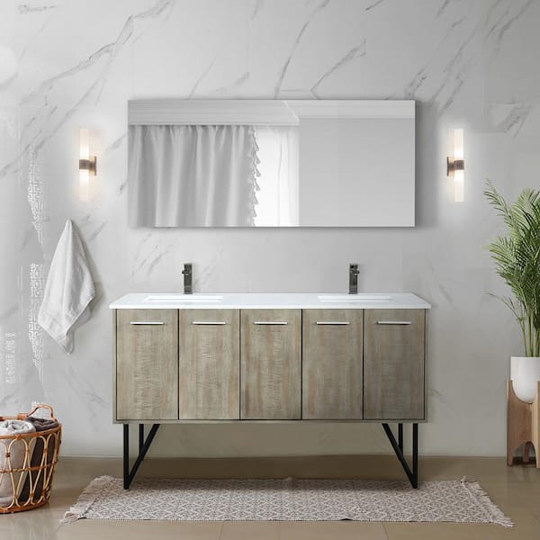Lexora Lancy 60 in W x 20 in D Rustic Acacia Double Bath Vanity, White Quartz Top and Gun Metal Faucet Set