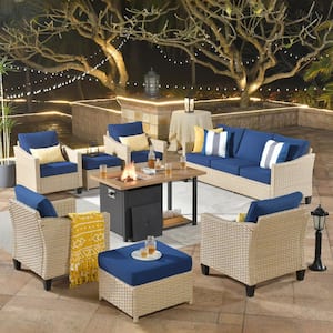 Oconee 8-Piece Wicker Modern Outdoor Patio Conversation Sofa Seating Set with a Storage Fire Pit and Navy Blue Cushions