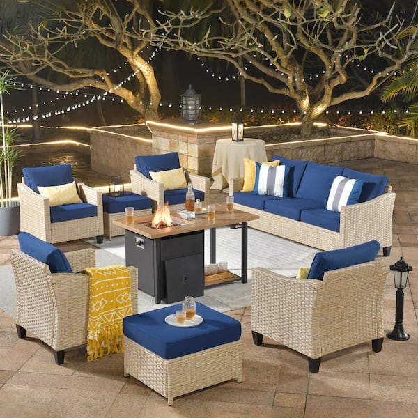 HOOOWOOO Oconee 8-Piece Wicker Modern Outdoor Patio Conversation Sofa Seating Set with a Storage Fire Pit and Navy Blue Cushions