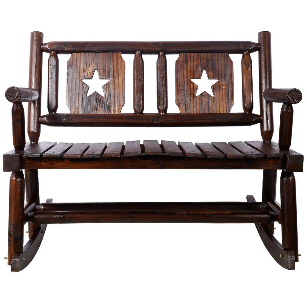 Rustic Brown Wood Outdoor Rocking Chair for 2 Persons with Unique Star-Cuto