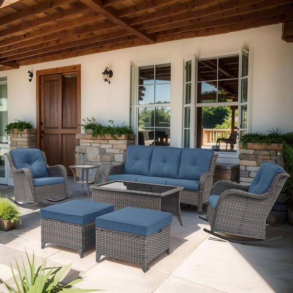 ArcoBay 7-Piece Brown Wicker Outdoor Rocking Swivel Chairs Patio Conversation Set with Blue Cushions and 3-Seat Sofa