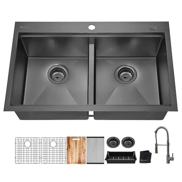 33 in Drop-In Double Bowl 18 Gauge Gunmetal Black Stainless Steel Workstation Kitchen Sink with Black Spring Neck Faucet