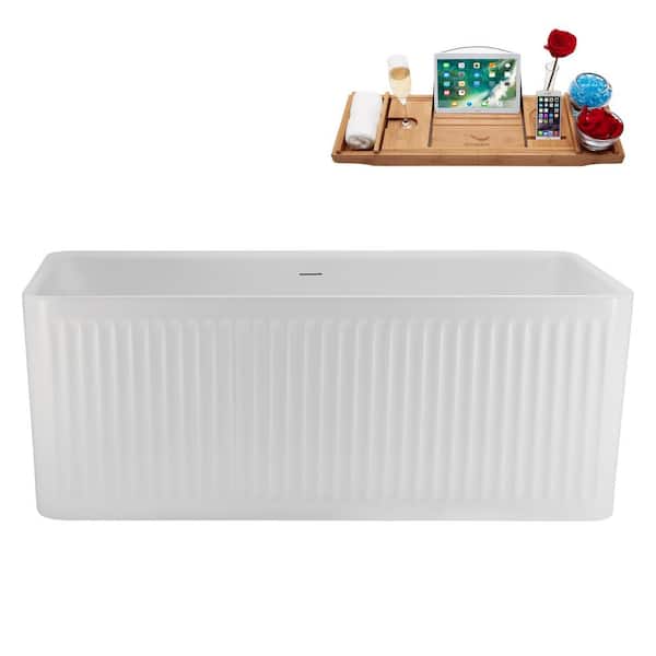 Streamline 59 in. x 28 in. Acrylic Freestanding Soaking Bathtub in Glossy White with Matte Oil Rubbed Bronze Drain, Bamboo Tray